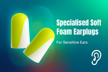 Specialised soft foam earplugs in yellow and white, designed for sensitive ears, displayed on a modern gradient background with an ear icon.”