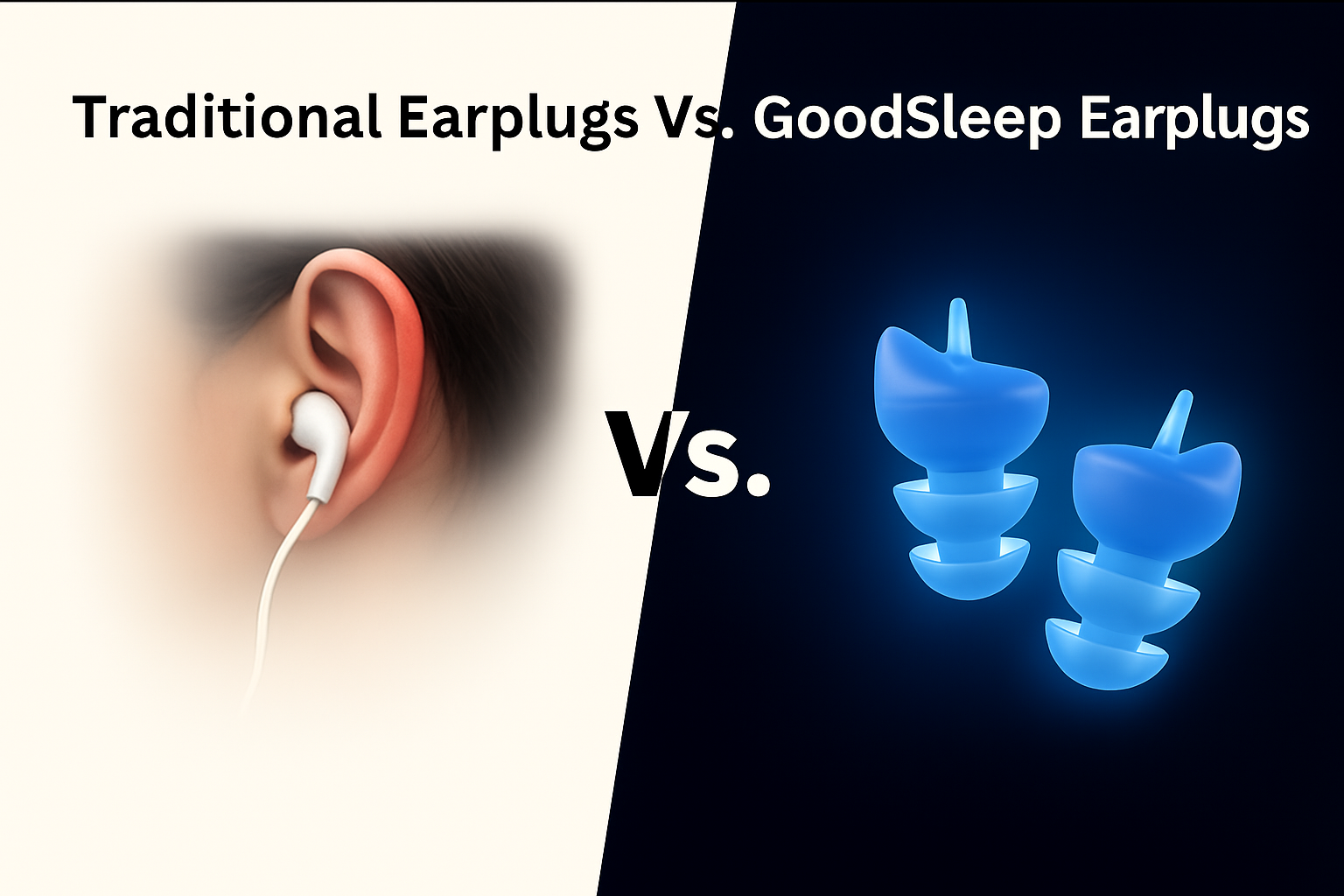 Comparison image of traditional white wired earplugs in a human ear versus Otifleks GoodSleep blue earplugs, highlighting comfort and modern design differences.