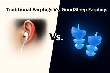 Comparison image of traditional white wired earplugs in a human ear versus Otifleks GoodSleep blue earplugs, highlighting comfort and modern design differences.