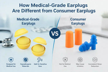 Medical-grade vs consumer earplugs comparison showing design, comfort, and noise reduction differences